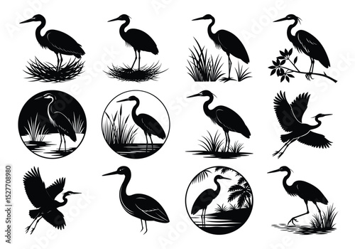 Heron Silhouette Vector Collection – Elegant Wading Birds in Various Poses on white background

