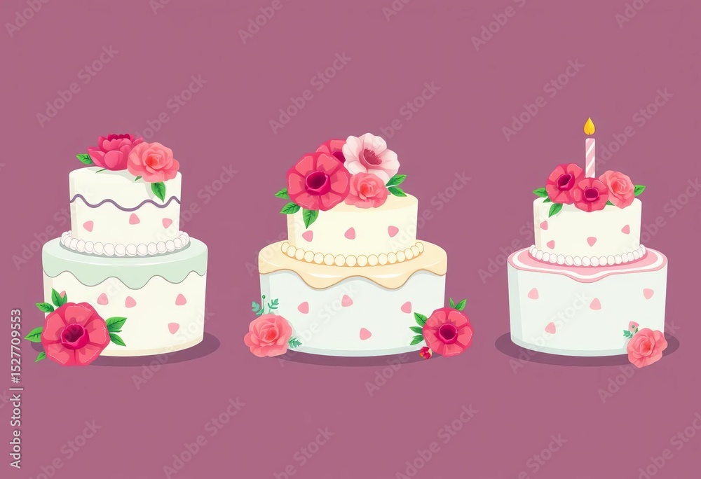 Set of cartoon wedding cake icons with flowers, perfect for bakery, birthday, or date invitations, wedding cake, sugary Set of cartoon wedding cake icons with flowers, perfect for bakery, birthday, or date invitations, wedding cake, sugary