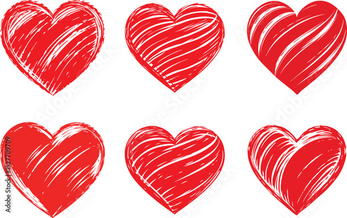 Six hand-drawn red hearts perfect for Valentine's Day designs, romantic branding, love-themed logos, or passionate social media graphics. photo