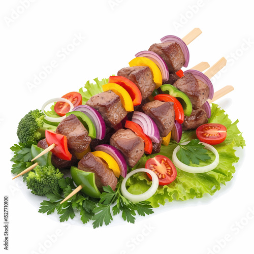 High-quality realistic image of three meat and vegetable skewers. Showing cooked meat, colorful bell peppers, red onions, and cherry tomatoes on parsley/lettuce, perfect for vector use.