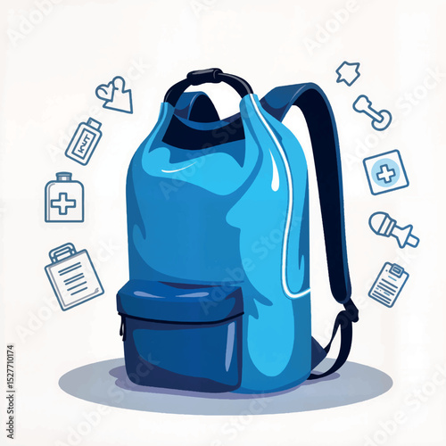 Geometric blue backpack with essentials, evacuation preparedness concept