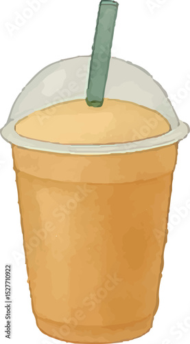 A smooth mango smoothie in a tall cup with a lid and green straw, perfect for cafe menus, tropical drink promotions, or beverage illustrations
