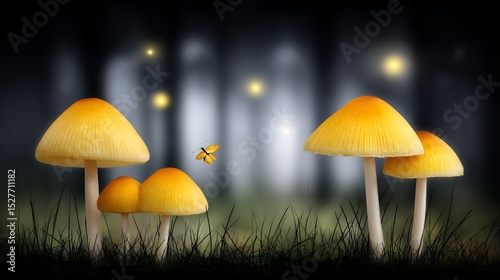Enchanted Forest with Glowing Yellow Mushrooms and Firefly Lights