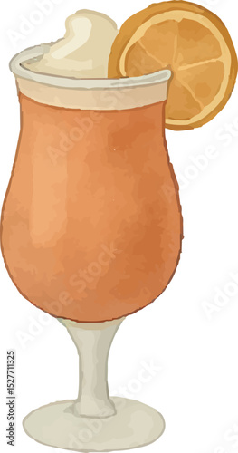 A vibrant orange cocktail with whipped cream and an orange slice garnish, served in a tall glass. Ideal for bar menus, tropical drink promotions, or beverage illustrations
