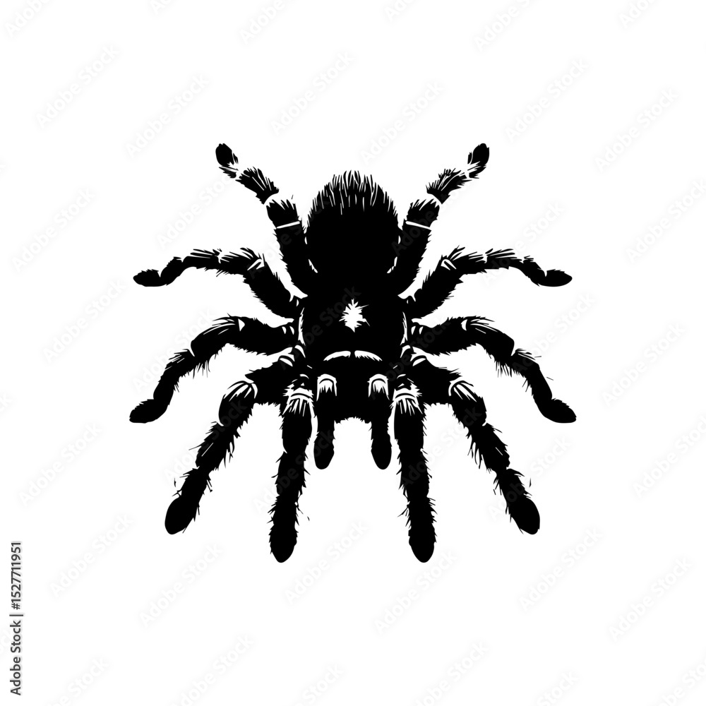 Obraz premium Detailed tarantula vector logo depicted as a striking black silhouette, emphasizing its hairy legs and intimidating presence on a clean white background. Animal concept