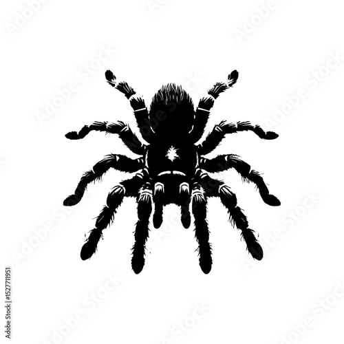 Detailed tarantula vector logo depicted as a striking black silhouette, emphasizing its hairy legs and intimidating presence on a clean white background. Animal concept