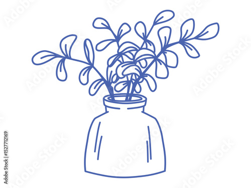 Doodle isolated vector illustration of a decorative glass vase with leafy branches. Blue outline drawing for home interior, botanical, or nature-inspired creative projects.