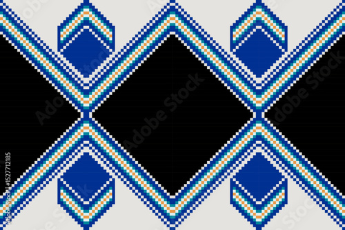 Geometric pattern vector of green, blue and black pixel arts on beige cream background. Abstract chevron seamless. Concept of repeat, ethnic, motifs, design for batik, clothing, texture, embroidery.