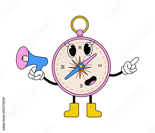 Groovy compass character. Retro navigation mascot. Vector travel illustration isolated.