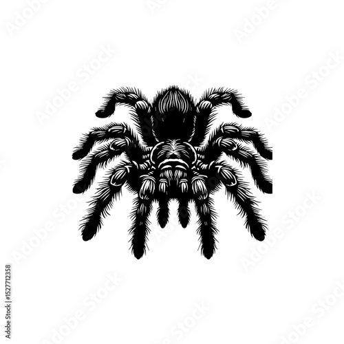 Intricate tarantula silhouette vector logo showcasing detailed hairy legs and menacing arachnid profile on pristine white background