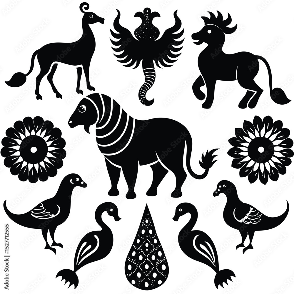 Fototapeta premium Indian Inspired Animal Motifs Peacock Elephant