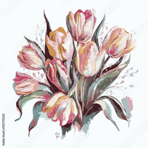 Bouquet of pink tulips in soft watercolor style  
