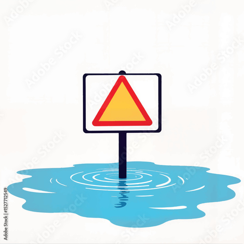 Flood warning sign submerged in rising waters, safety awareness