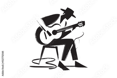 Man playing guitar silhouette, bold ink brush style, vector illustration