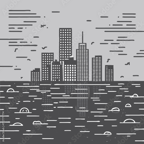 An urban skyline partially submerged in floodwaters, with skyscrapers and floating debris illustrating systemic disruptions and GDP decline by 18 percent.