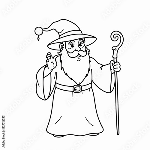 Coloring page, Cartoon wizard holding staff and waving with a friendly smile  