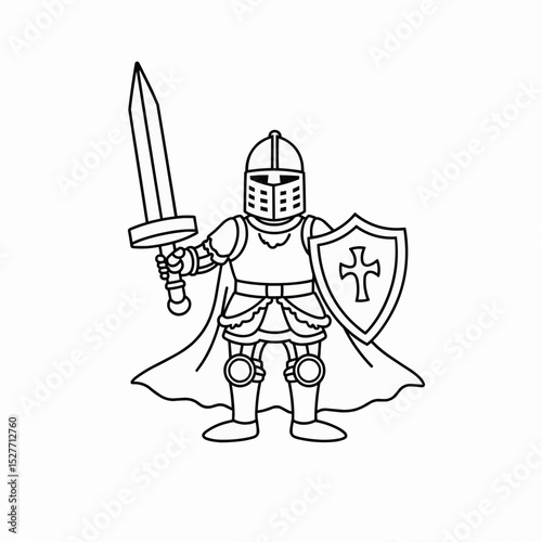Coloring page, Cartoon knight holding sword and shield in a simple design  