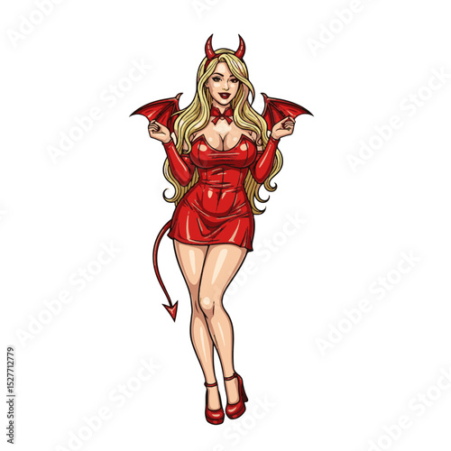 Mythical demon girl with horns and tail wearing red dress captivating viewers
