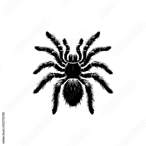 Intricate tarantula silhouette vector logo showcasing detailed hairy legs and menacing arachnid profile on pristine white background