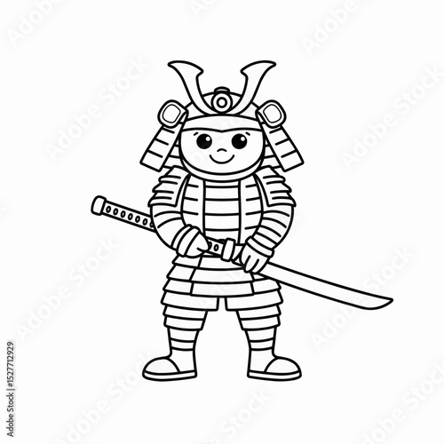 Coloring page, Cartoon samurai character holding sword in simple outline style  