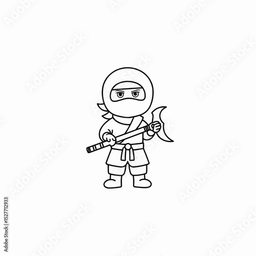 Coloring page, Cartoon ninja character holding a weapon in black outline style  