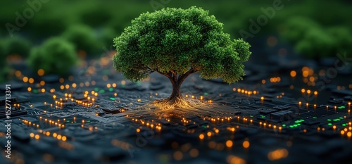 A vibrant tree grows amidst a futuristic, illuminated network