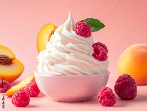 Abstract Whipped Cream Dessert with Peach and Raspberry on Pastel Background