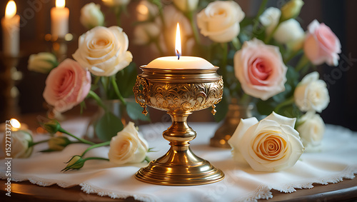 A detailed close-up of the Eucharist in a golden ciborium surrounded by roses and white linen. Intimate and holy Corpus Christi