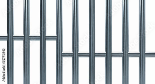 Parallel vertical metal bars intersected by two horizontal bars. Featuring a cool-colored reflective surface with distinctive accents, they form a detailed barrier against a white background. Vector