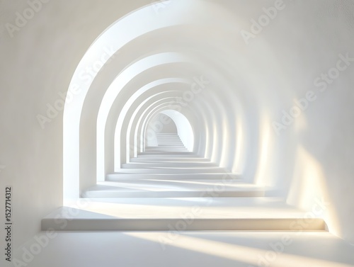 Abstract White Archway Tunnel with Soft Shadows and Steps
