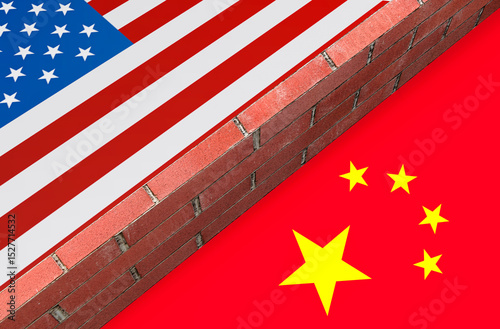 Brick wall dividing United States and China flags