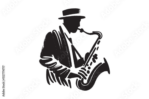 Man playing saxophone silhouette, bold ink sketch, vector illustration

