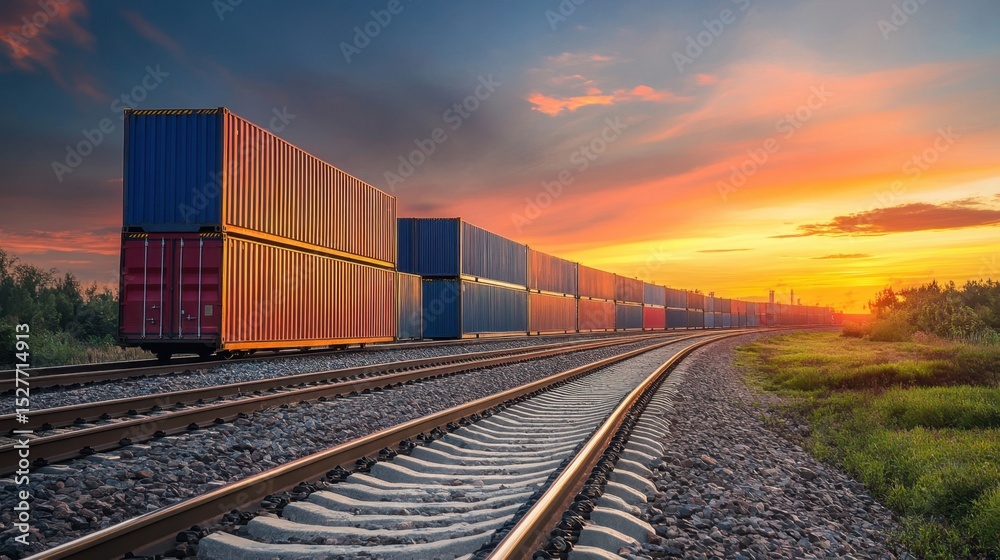 Fototapeta premium Train carrying cargo containers moving on a newly constructed railway track near a port