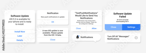 iOS-style update and notification UI widgets. Includes system alerts, push permissions, error messages, and install prompts. Ideal for mobile app UX design and interface mockups.