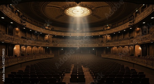 Wide-angle view of an empty historic theater, spotlight on the stage, intricate woodwork, luxurious interior design, cinematic lighting