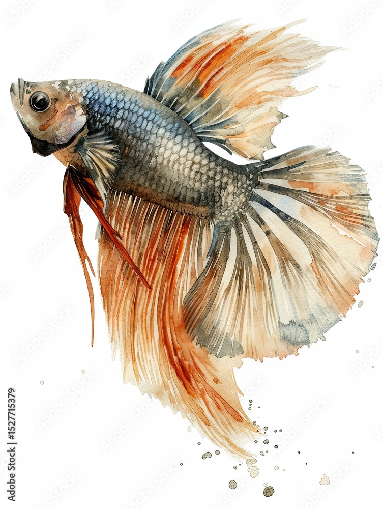 Fototapeta premium Elegant betta fish depicted in watercolor.
