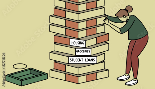 A game of Jenga with the blocks labeled as different expenses housing groceries etc. showing how student loan debt can affect ones ability to balance. Vector illustration       