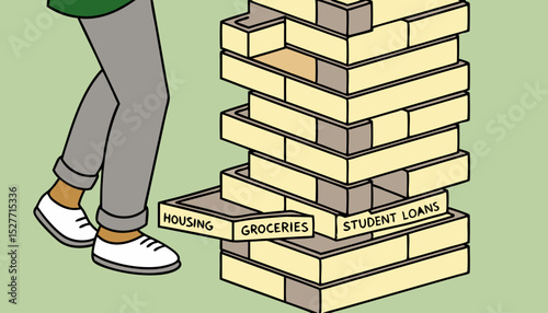 A game of Jenga with the blocks labeled as different expenses housing groceries etc. showing how student loan debt can affect ones ability to balance. Vector illustration       