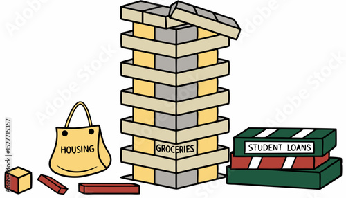 A game of Jenga with the blocks labeled as different expenses housing groceries etc. showing how student loan debt can affect ones ability to balance. Vector illustration       