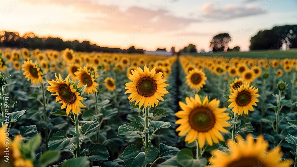 Fototapeta premium Vibrant Sunflower Field at Sunset: A Golden Landscape of Summer Beauty and Natural Radiance