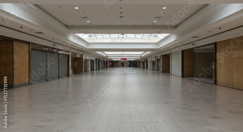 A long, empty, and deserted hallway in an abandoned shopping mall with closed storefronts. A desolate scene of economic decline.
