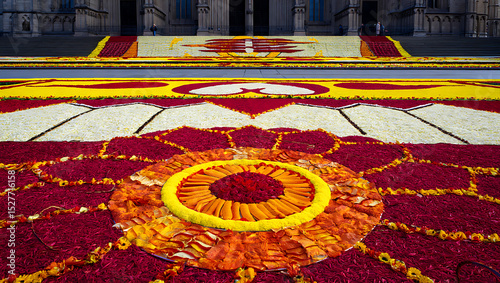 An overhead view of an intricate floral carpet laid out in front of a cathedral for a Corpus Christi procession. Colorful and detailed traditional thai style fabric