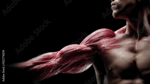 Muscular torso of a physically fit man reveals underlying muscle structure, highlighting the dedication to fitness and human anatomy against a dark background.