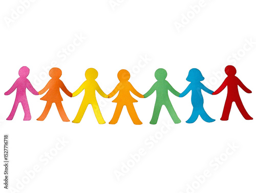 A colorful row of paper cutout people holding hands against a black background in a horizontal line isolated white background