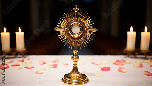 A golden monstrance glowing softly on an ornate altar covered in white cloth and flower petals surrounded by candlelight. Sacred and luminous  Corpus Christi