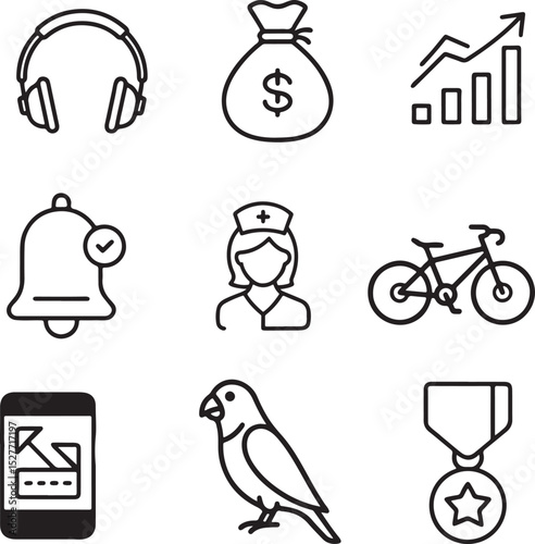 Line Icons Set: Collection of nine versatile line icons, including headphones, money bag, graph, bell, nurse, bicycle, smartphone, parrot, and medal. Perfect for web design and app development.