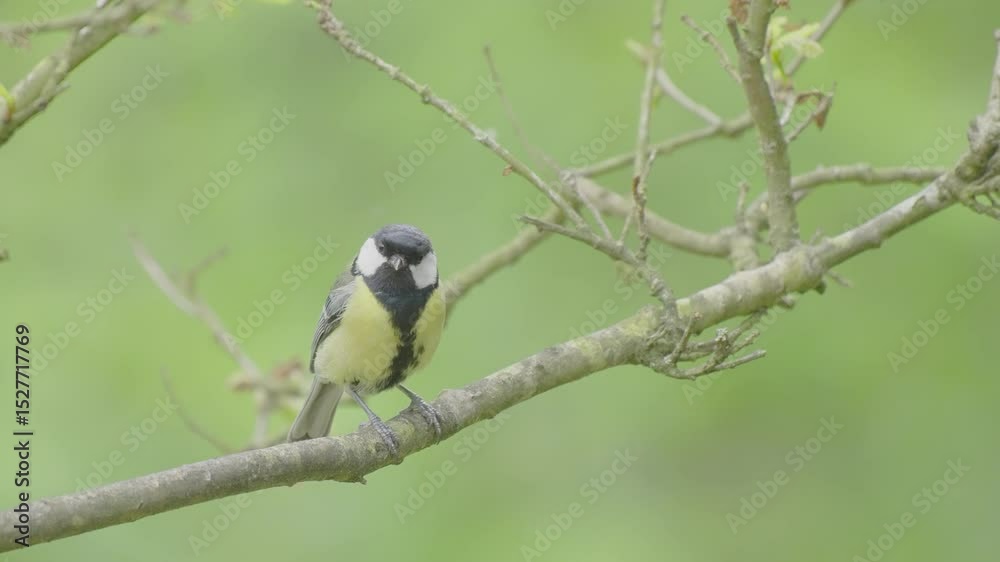 Great tit bird singing and chirping in spring