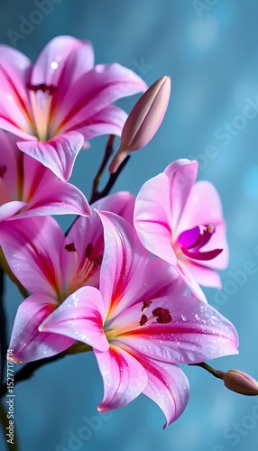 Pink and fuchsia lilies  flower wwith stamens and water droplets on petals, light blue background with bokeh, wallpaper, wallart, decoration, art prints photo