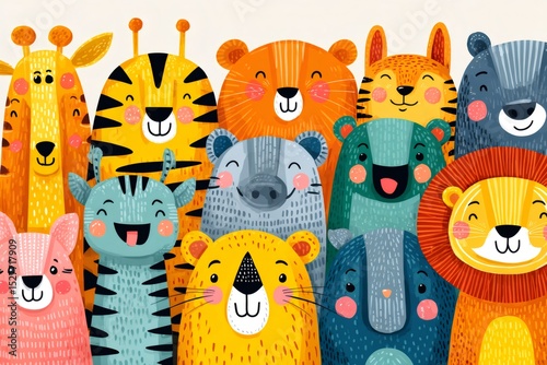 Cute wild animals smiling together in a group