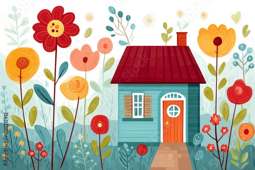 Cozy blue house surrounded by vibrant flowers and lush greenery